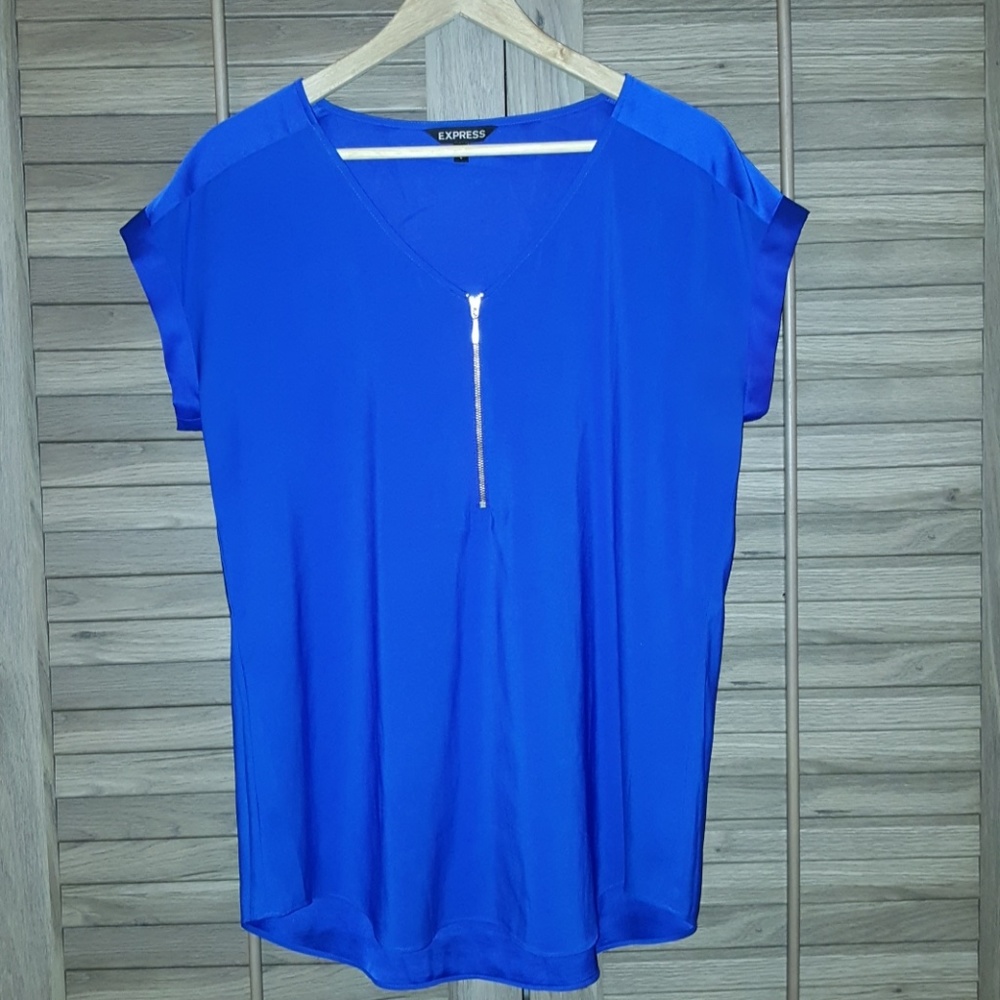 Express Silky Zip Front Rolled Sleeve Blouse
